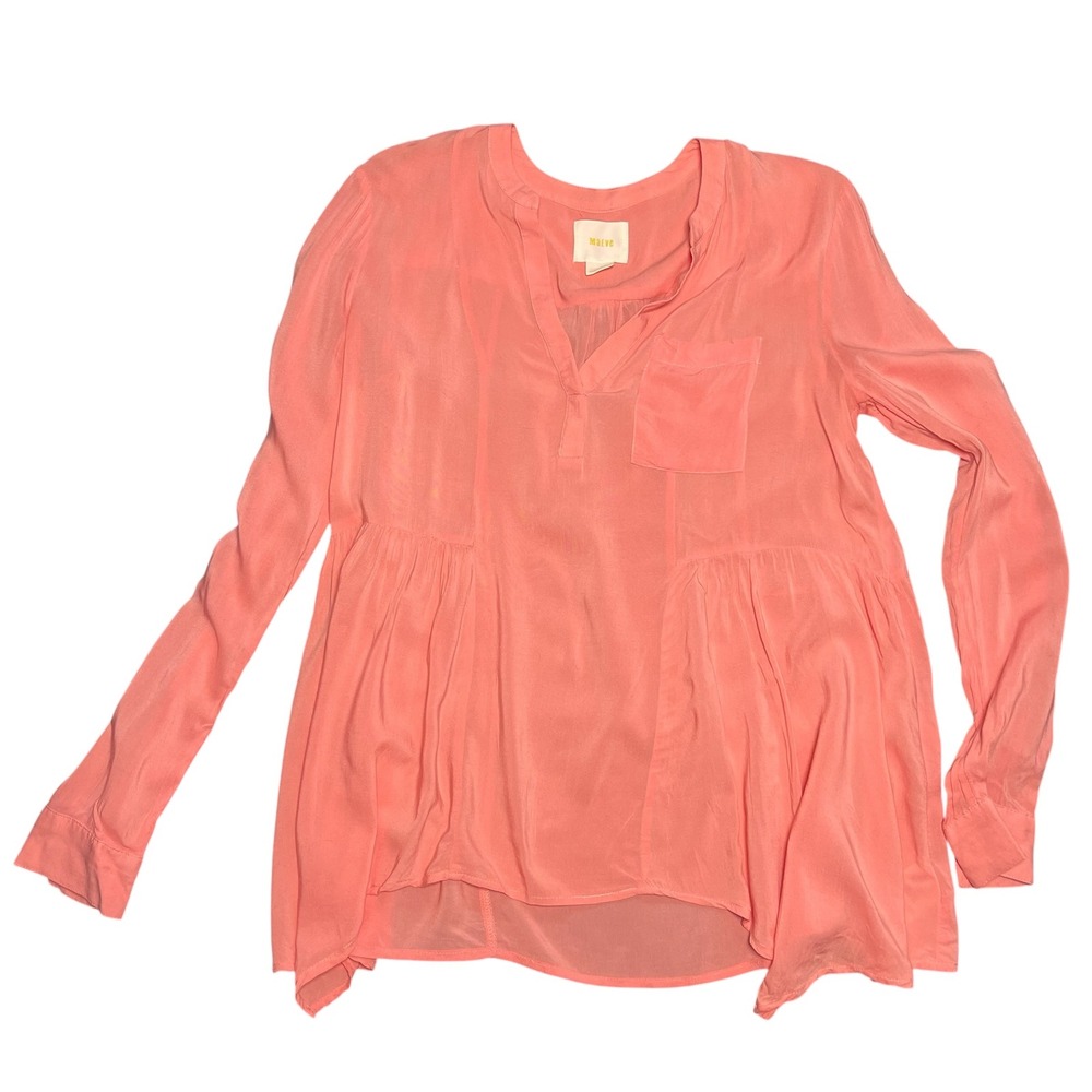 Maeve Anthropologie Coral Pink Rayon Peplum Blouse Long Sleeve Split Neck Size 2